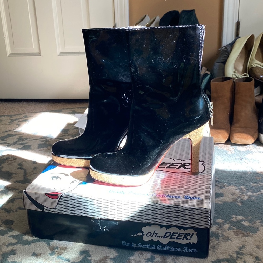 Oh Deer Red Bottom Shiny Black Boots - 7